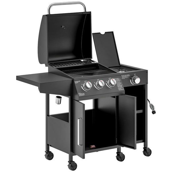English Elm Portable Carbon Steel Gas Grill with Three Burners Warming Rack and Locking Wheels T3971P420844