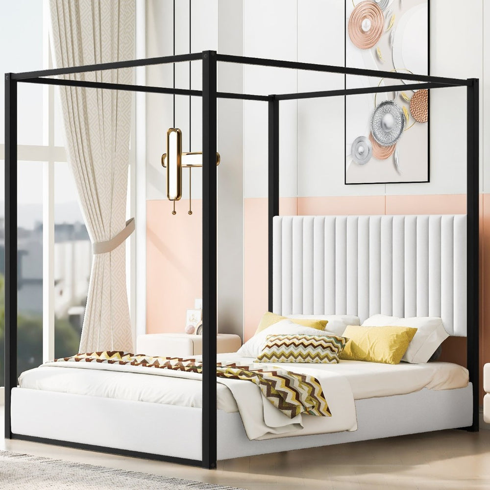 English Elm Queen Velvet Upholstered Canopy Bed White Metal 4 Poster Frame No Box Spring GX001031AAB