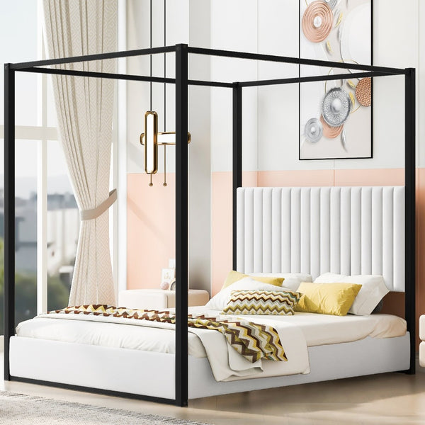 English Elm Queen Velvet Upholstered Canopy Bed White Metal 4 Poster Frame No Box Spring GX001031AAB