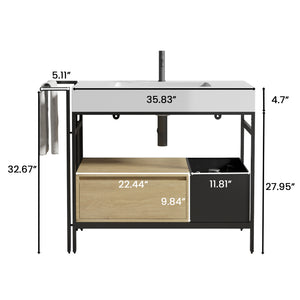 English Elm FORTE 36" Industrial Modular Bathroom Vanity with Durable Metal Frame, Quartz Basin, Soft-Close Drawer Oak,White W1865S00177