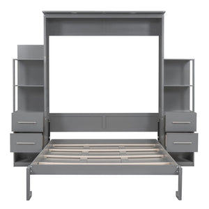 English Elm Queen Murphy Wall Bed with Led Lighting Open Shelves Drawers Space Saving Cabinet LP000566AAE-2