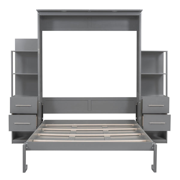 English Elm Queen Murphy Wall Bed with Led Lighting Open Shelves Drawers Space Saving Cabinet LP000566AAE-2