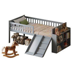 English Elm Twin Platform Kids Bed with Slide Ladder Guardrails Storage Shelf Wood Frame Gray N733S415411E