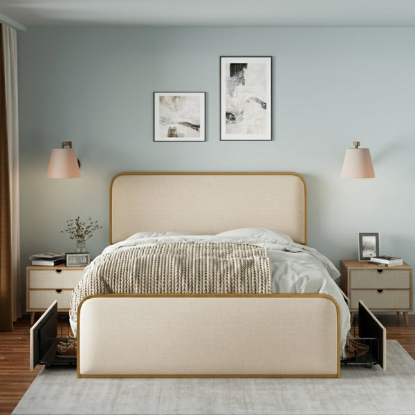 English Elm Gold Toned Queen Platform Bed Beige Linen Curved Headboard Footboard Under Storage N701P229017C