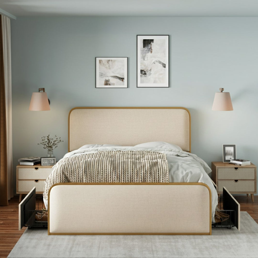 English Elm Gold Toned Queen Platform Bed Beige Linen Curved Headboard Footboard Under Storage N701P229016C
