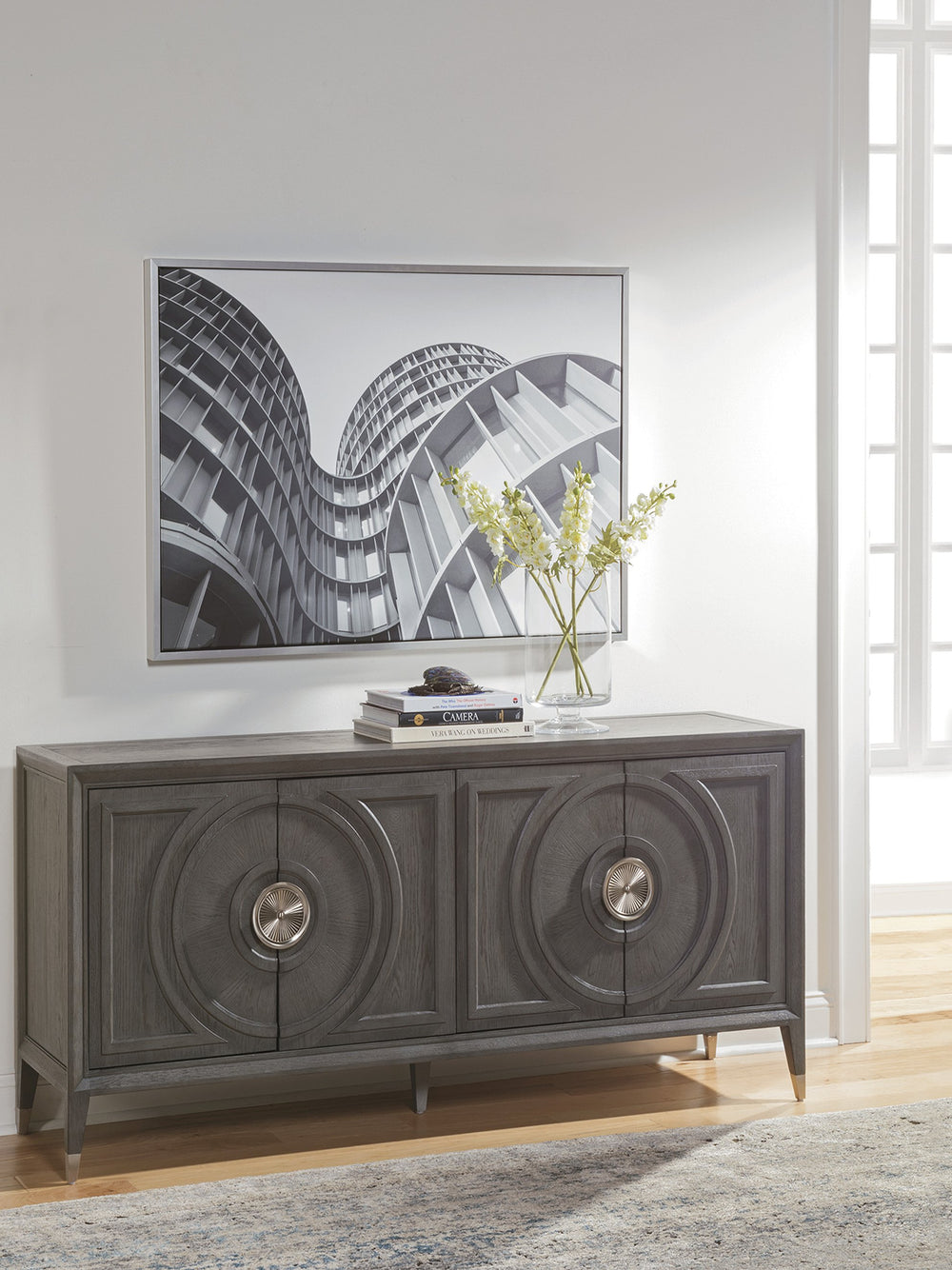 Lexington Artistica Home Appellation Media Console - Elegant White Oak Design With Brushed Nickel Accents For Luxury Living Gray Wood 2200-907