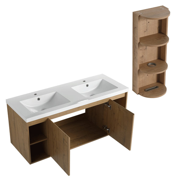 English Elm 48" Wall-Mounted Bathroom Vanity With Double Sink, Storage Rack & Soft Close Doors For Modern Spaces W999S00347