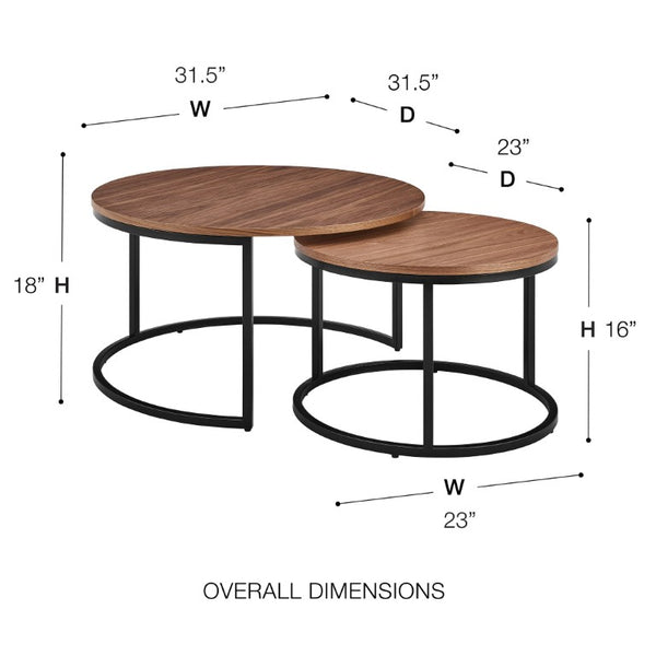 EuroStyle Pierre Round Nesting Tables Wood Veneer Top Steel Base Contemporary Living Room Set Walnut/Matte Black 22018WAL-KIT