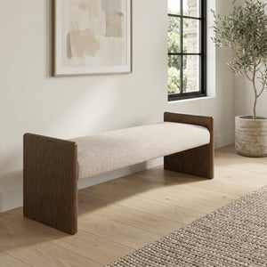 Meridian Furniture Hickory Upholstered Bench with Wood Frame and Woven Textile for Bedroom or Entryway Decor Beige B 22022Beige