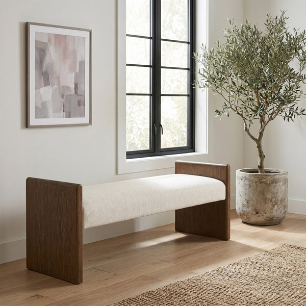 Meridian Furniture Hickory Upholstered Bench with Wood Frame and Woven Textile for Bedroom or Entryway Decor Cream B 22022Cream