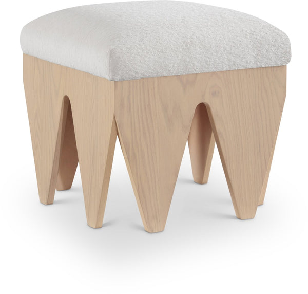 Meridian Furniture Altair Art Deco Velour Fur Upholstered Accent Bench with Sculptural Oak Veneer Base 22023Cream