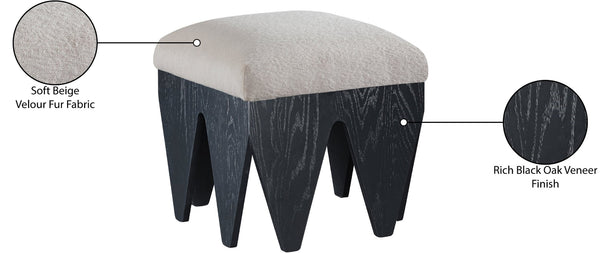 Meridian Furniture Altair Art Deco Velour Fur Upholstered Accent Bench with Angular Oak Veneer Base 22024Beige