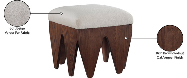 Meridian Furniture Altair Art Deco Velour Fur Upholstered Bench with Sculptural Oak Walnut Base 22025Beige