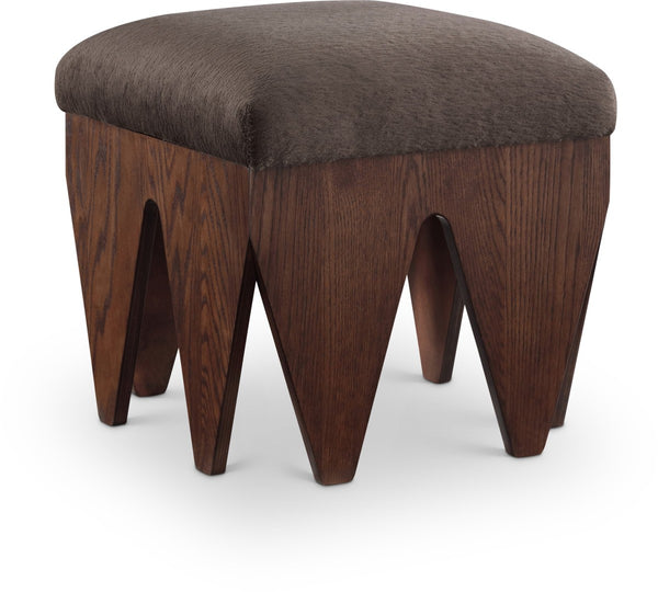 Meridian Furniture Altair Velour Fur Upholstered Accent Bench with Art Deco Oak Veneer Angular Base 22025Brown