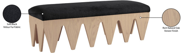 Meridian Furniture Altair Art Deco Plush Velour Fur Upholstered Bench with Oak Veneer Angular Base 22026Black