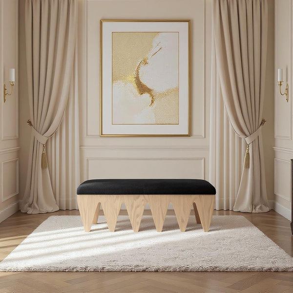 Meridian Furniture Altair Art Deco Plush Velour Fur Upholstered Bench with Oak Veneer Angular Base 22026Black
