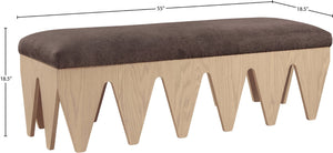 Meridian Furniture Altair Art Deco Plush Velour Upholstered Bench with Sculptural Oak Veneer Legs 22026Brown