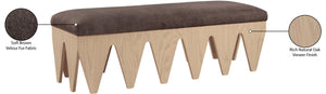 Meridian Furniture Altair Art Deco Plush Velour Upholstered Bench with Sculptural Oak Veneer Legs 22026Brown