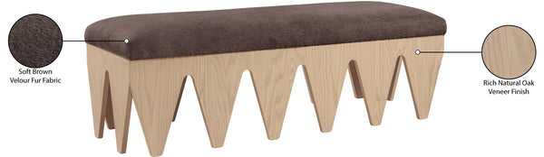 Meridian Furniture Altair Art Deco Plush Velour Upholstered Bench with Sculptural Oak Veneer Legs 22026Brown