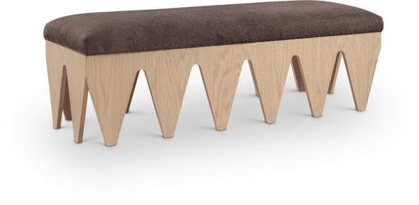Meridian Furniture Altair Art Deco Plush Velour Upholstered Bench with Sculptural Oak Veneer Legs 22026Brown