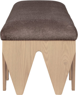 Meridian Furniture Altair Art Deco Plush Velour Upholstered Bench with Sculptural Oak Veneer Legs 22026Brown