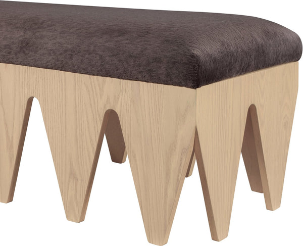 Meridian Furniture Altair Art Deco Plush Velour Upholstered Bench with Sculptural Oak Veneer Legs 22026Brown