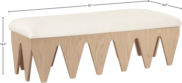 Meridian Furniture Altair Art Deco Velour Fur Upholstered Bench with Sculptural Oak Veneer Base 22026Cream