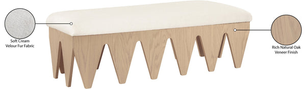 Meridian Furniture Altair Art Deco Velour Fur Upholstered Bench with Sculptural Oak Veneer Base 22026Cream