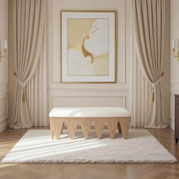 Meridian Furniture Altair Art Deco Velour Fur Upholstered Bench with Sculptural Oak Veneer Base 22026Cream