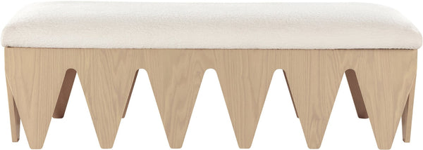 Meridian Furniture Altair Art Deco Velour Fur Upholstered Bench with Sculptural Oak Veneer Base 22026Cream
