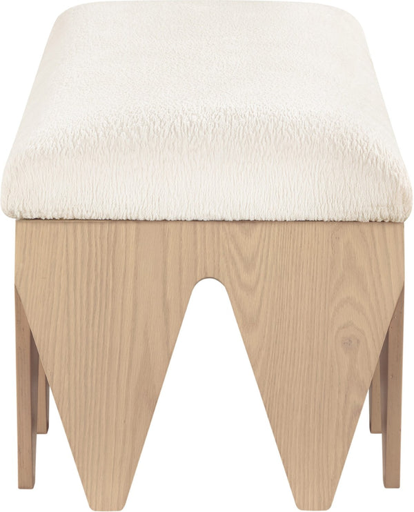Meridian Furniture Altair Art Deco Velour Fur Upholstered Bench with Sculptural Oak Veneer Base 22026Cream
