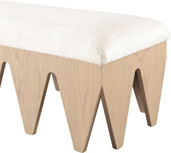 Meridian Furniture Altair Art Deco Velour Fur Upholstered Bench with Sculptural Oak Veneer Base 22026Cream