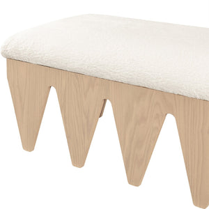 Meridian Furniture Altair Art Deco Velour Fur Upholstered Bench with Sculptural Oak Veneer Base 22026Cream