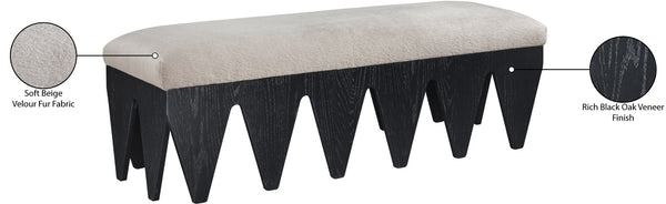 Meridian Furniture Altair Art Deco Velour Fur Upholstered Bench with Angular Black Oak Veneer Legs 22027Beige