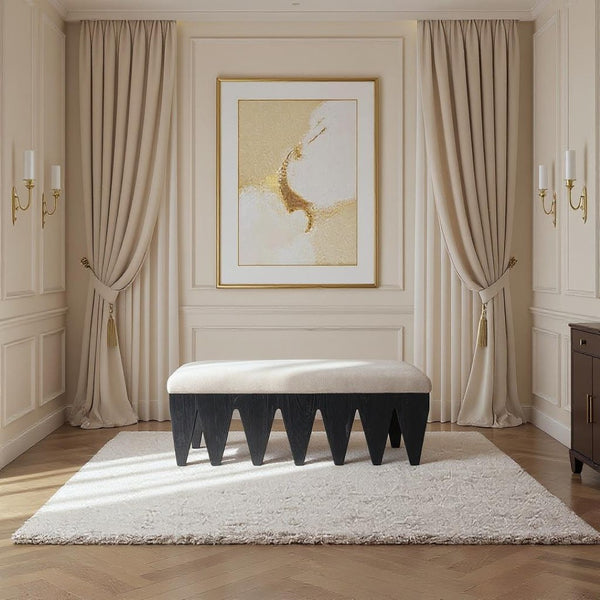 Meridian Furniture Altair Art Deco Velour Fur Upholstered Bench with Angular Black Oak Veneer Legs 22027Beige
