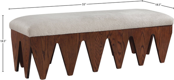 Meridian Furniture Altair Art Deco Upholstered Bench Plush Velour Seat with Walnut Oak Base 22028Beige
