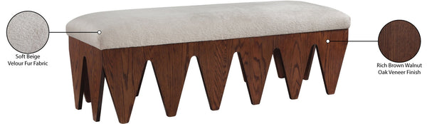 Meridian Furniture Altair Art Deco Upholstered Bench Plush Velour Seat with Walnut Oak Base 22028Beige
