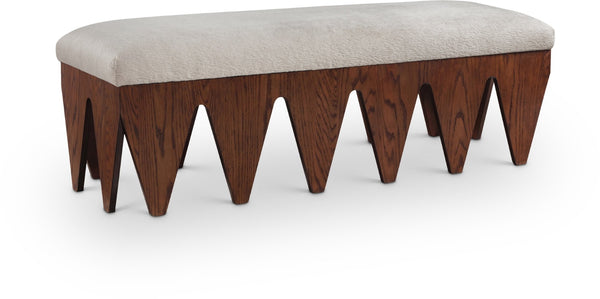 Meridian Furniture Altair Art Deco Upholstered Bench Plush Velour Seat with Walnut Oak Base 22028Beige
