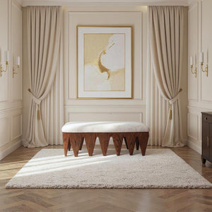 Meridian Furniture Altair Art Deco Upholstered Bench Plush Velour Seat with Walnut Oak Base 22028Beige