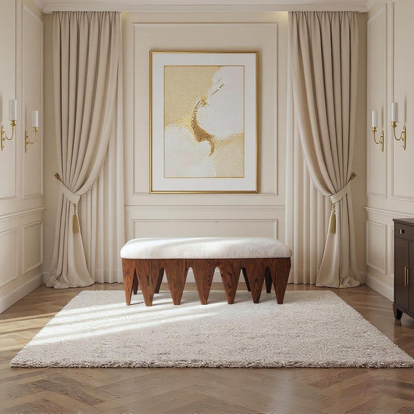 Meridian Furniture Altair Art Deco Upholstered Bench Plush Velour Seat with Walnut Oak Base 22028Beige