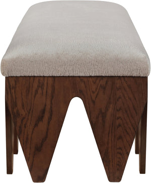 Meridian Furniture Altair Art Deco Upholstered Bench Plush Velour Seat with Walnut Oak Base 22028Beige