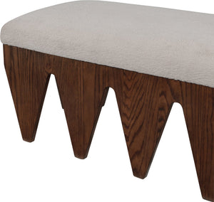 Meridian Furniture Altair Art Deco Upholstered Bench Plush Velour Seat with Walnut Oak Base 22028Beige