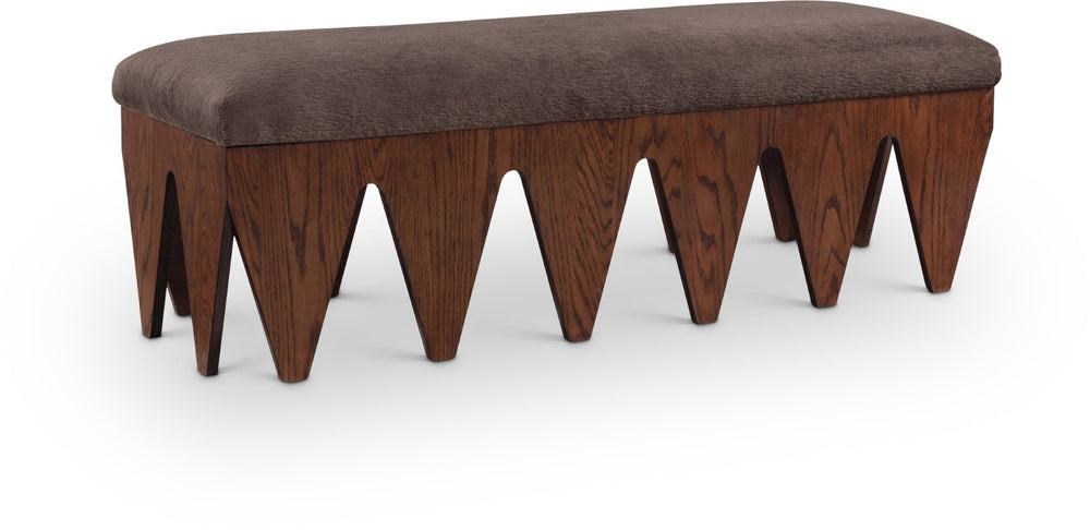 Meridian Furniture Altair Art Deco Upholstered Bench Plush Velour Fur Seat with Angular Walnut Legs 22028Brown
