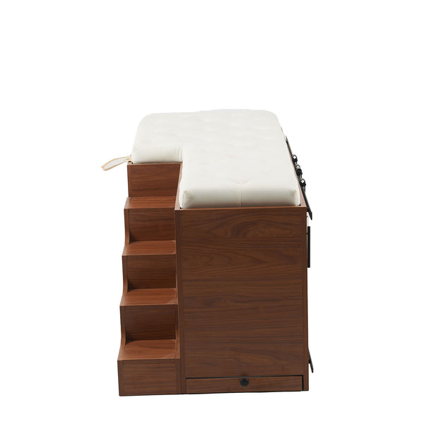 English Elm 56"L, 56"L Mid-Century Walnut Dog Crate Bench Ottoman with Sliding Barn Door, Padded Removable Cushion, Wheels, 300lb耐 N843P293660W