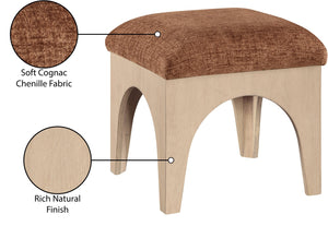 Meridian Furniture Lawson Cognac Chenille Square Ottoman with Oak Veneer Base for Modern Living Rooms 22031Cognac