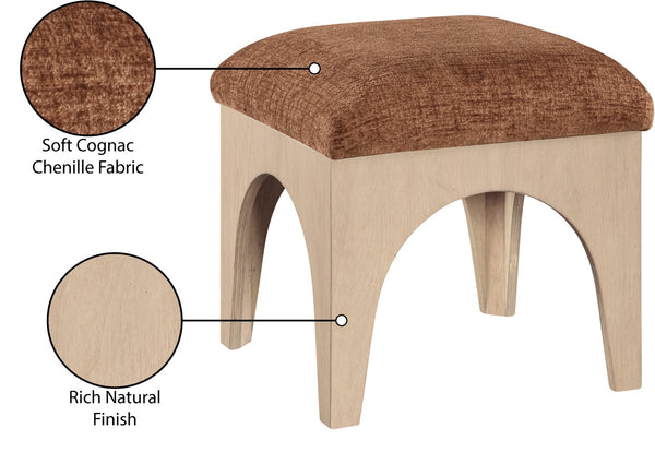 Meridian Furniture Lawson Cognac Chenille Square Ottoman with Oak Veneer Base for Modern Living Rooms 22031Cognac