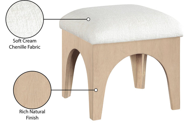 Meridian Furniture Lawson Art Deco Chenille Ottoman with Oak Veneer Base for Living Room or Bedroom 22031Cream