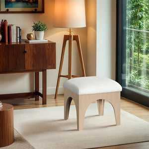 Meridian Furniture Lawson Art Deco Chenille Ottoman with Oak Veneer Base for Living Room or Bedroom 22031Cream