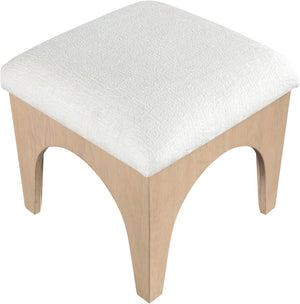 Meridian Furniture Lawson Art Deco Chenille Ottoman with Oak Veneer Base for Living Room or Bedroom 22031Cream