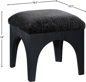 Meridian Furniture Lawson Square Chenille Ottoman Art Deco Accent with Oak Veneer Base for Living Rooms 22032Black